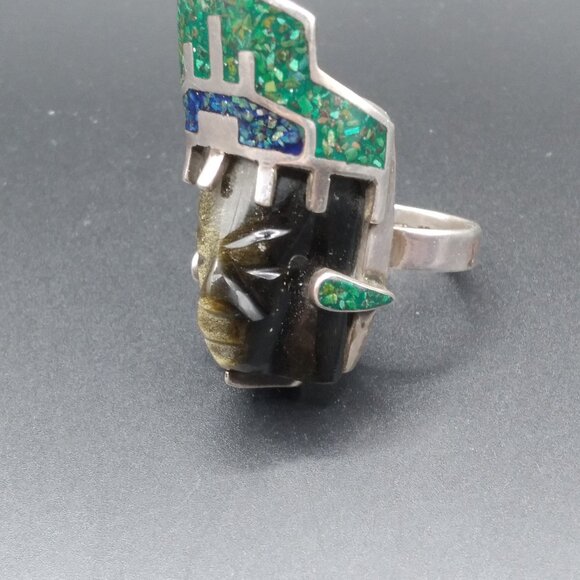 Vintage Sterling Silver Carved Tribal Onyx Mask crushed Malachite & Lapis Lazuli - Picture 3 of 4